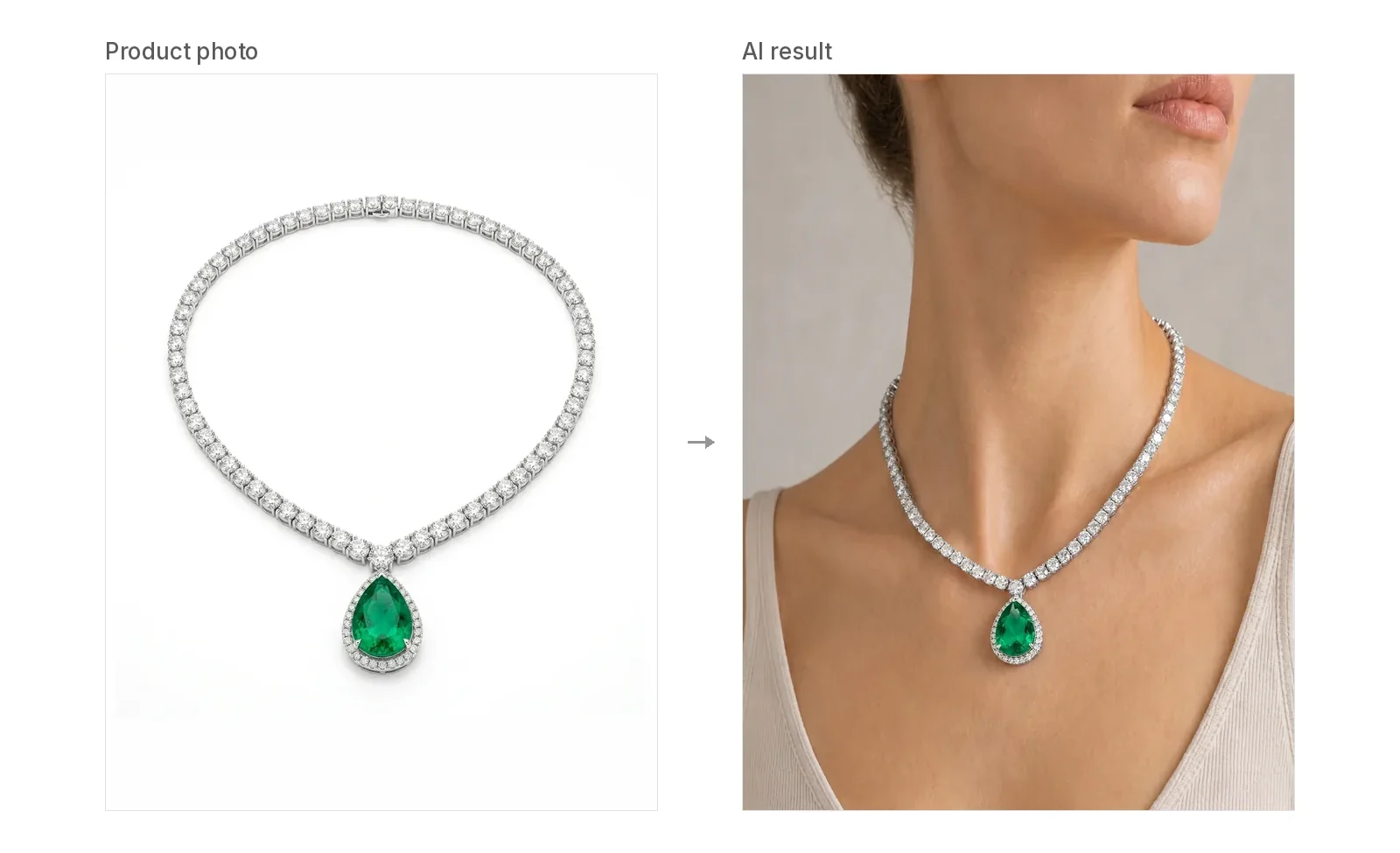 Emerald pendant tennis necklace: product photo and AI result on a model, with the pendant resting below the collarbone