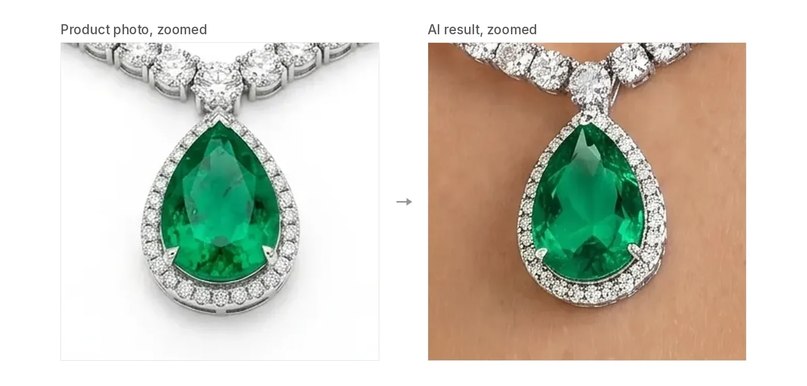 Pendant close-up: product photo vs AI result